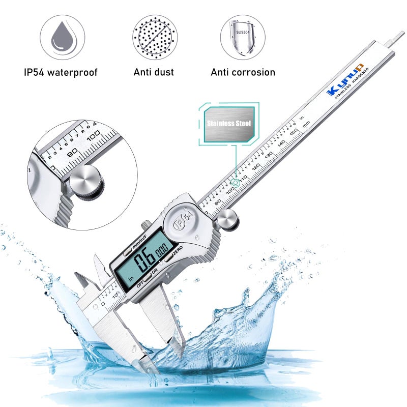 Kynup Digital Caliper, Caliper Measuring Tool Outside Micrometer, Vernier Dial Caliper, 6 Inch Caliper DIY Tool, Stainless Steel, IP54 Splash Proof, Inch Metric Fraction Switch, Large LCD Screen - Image 2